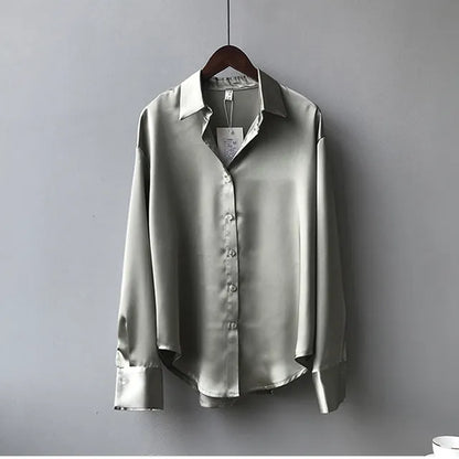 White Button Up Satin Silk Shirt