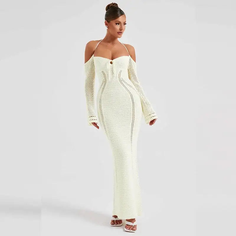 Off Shoulder Halter Crochet Maxi Dress