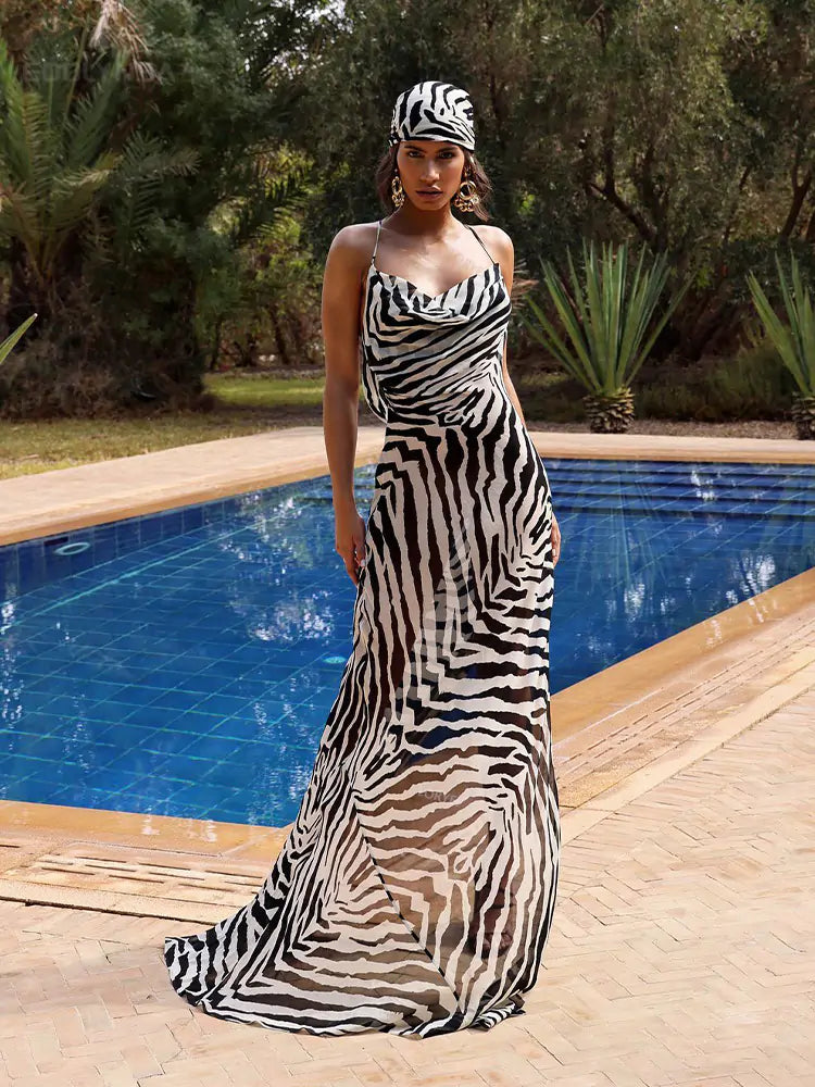 Zee ~ Zebra Pattern Mesh Maxi Dress