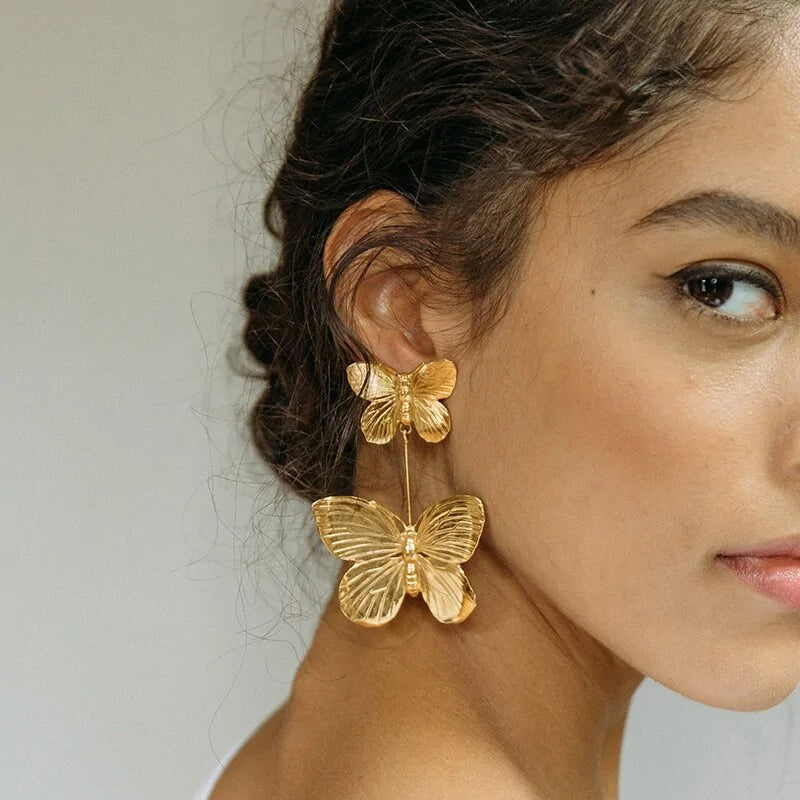 Gold Chunky Butterfly Dangle Earrings