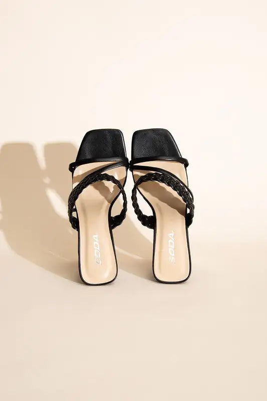 Black Slid On Sandal Heels Braided Strap