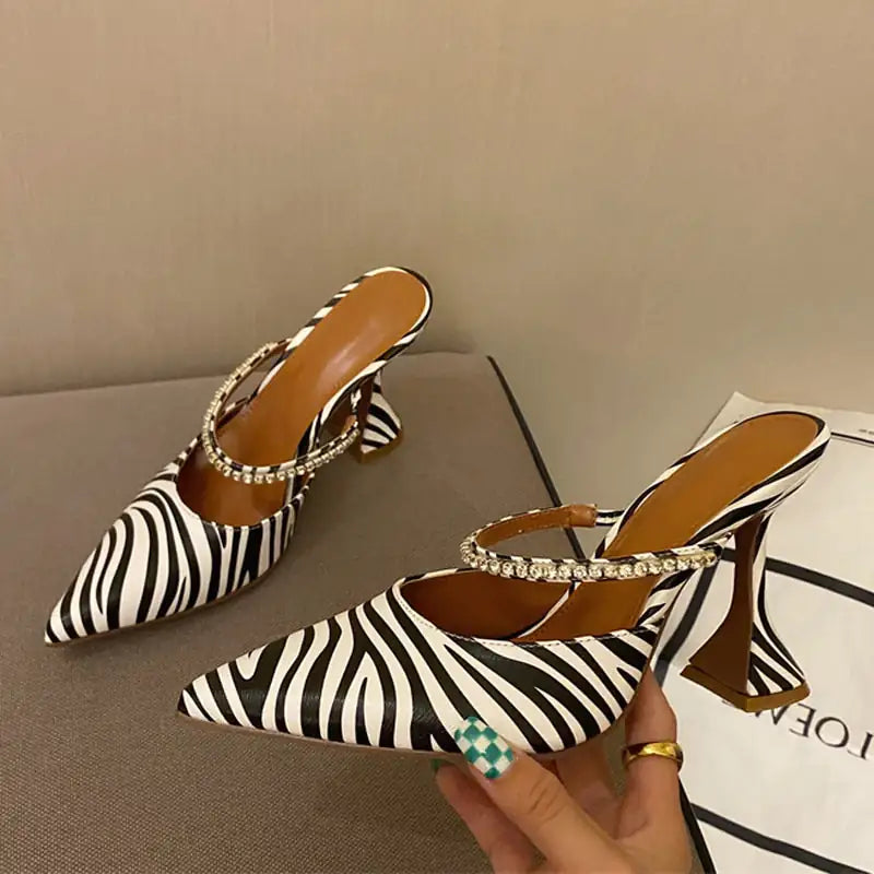 Classy Slingback Short High Heels Zebra Pattern