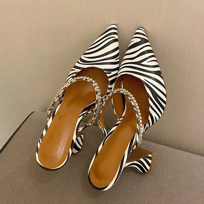 Classy Slingback Short High Heels Zebra Pattern