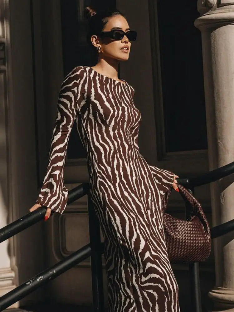 Zee~ Brown Zebra Print Long Sleeve Maxi Dress