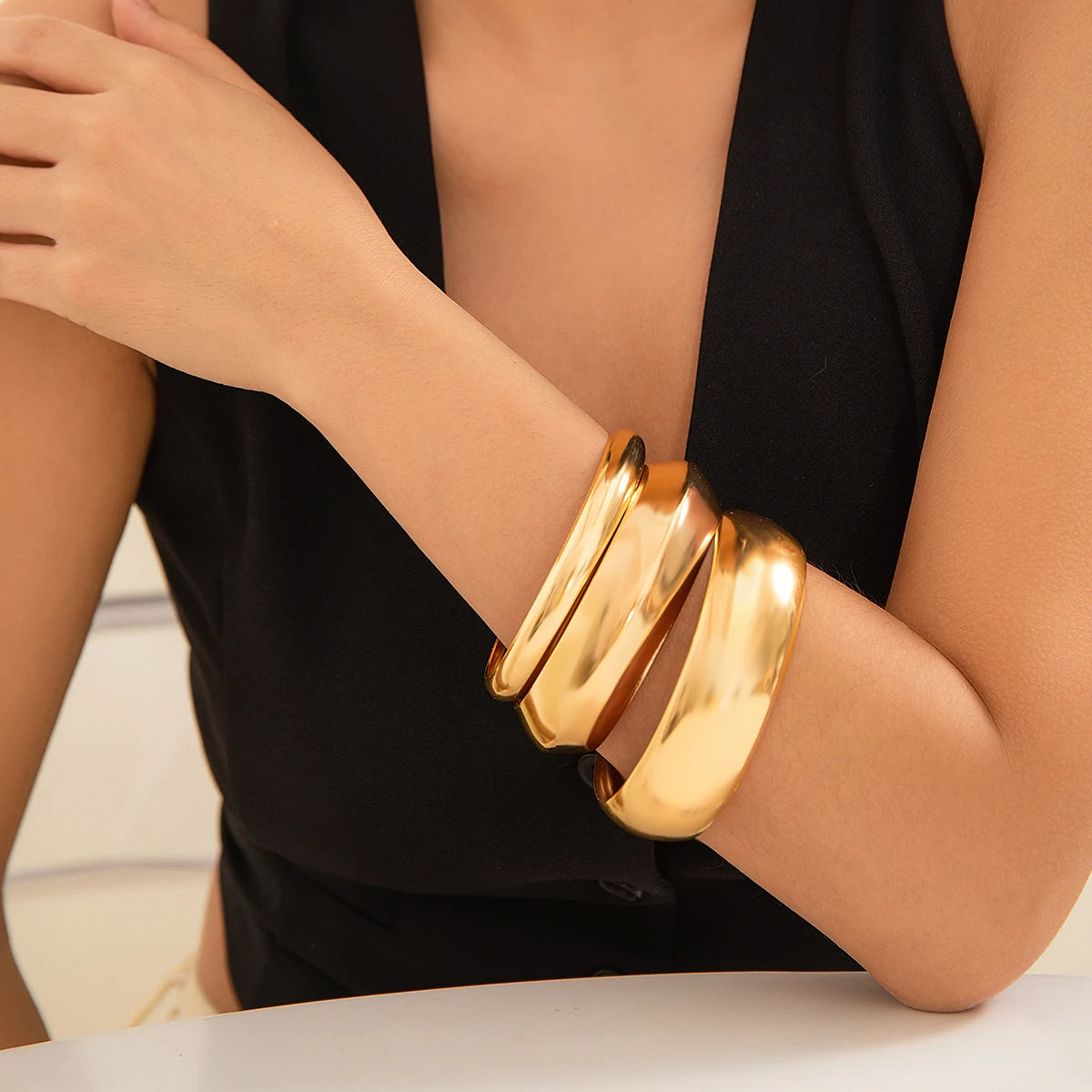 Chunky Gold Multilayer Bangle Bracelets 3pcs Set Trendy Jewelry