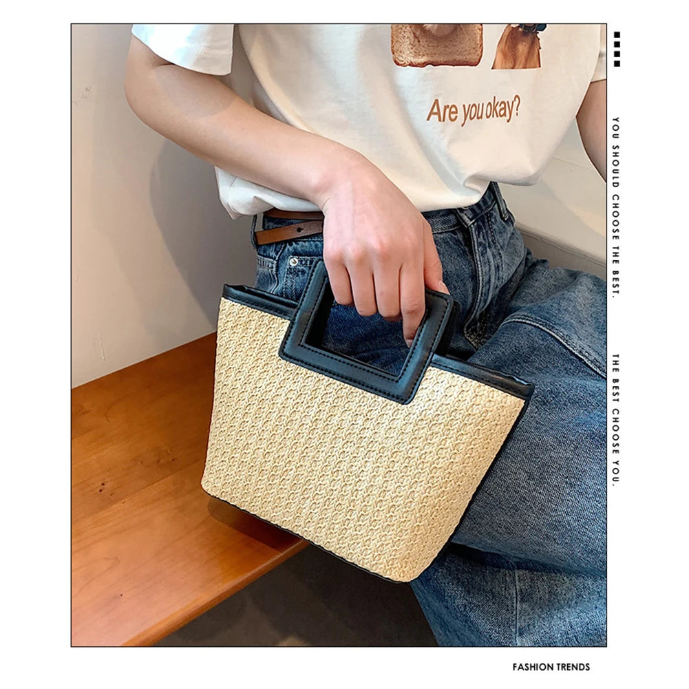 Woven Straw Tote Handbag