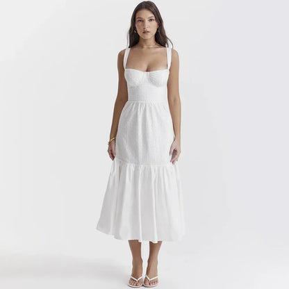 Angelic - White Linen-Cotton Blend Midi Dress 