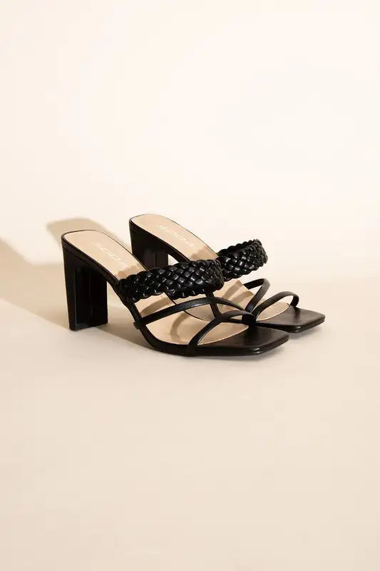 Black Slid On Sandal Heels Braided Strap