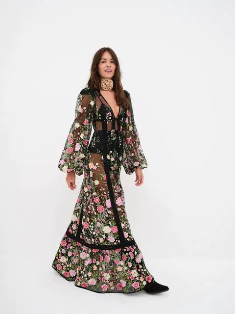 Florist ~ Long Floral Mesh Maxi dress