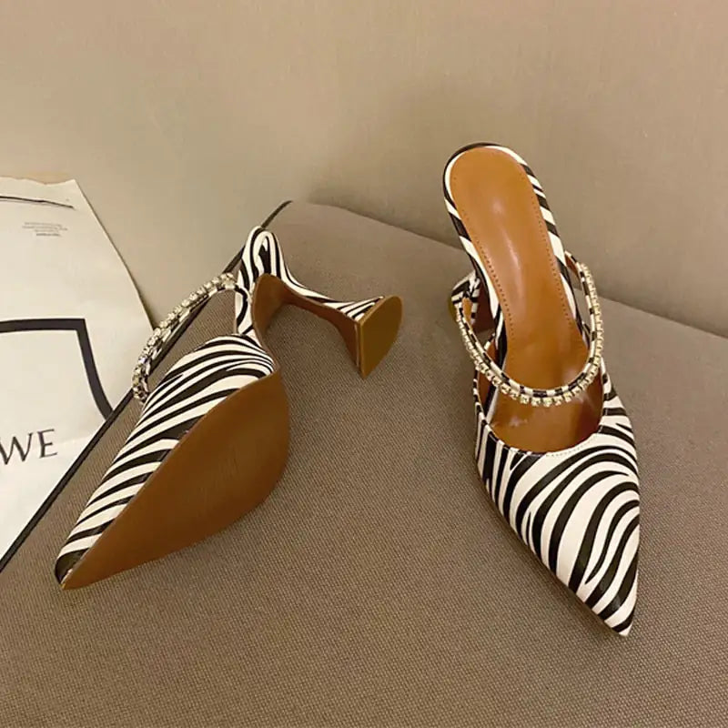 Classy Slingback Short High Heels Zebra Pattern