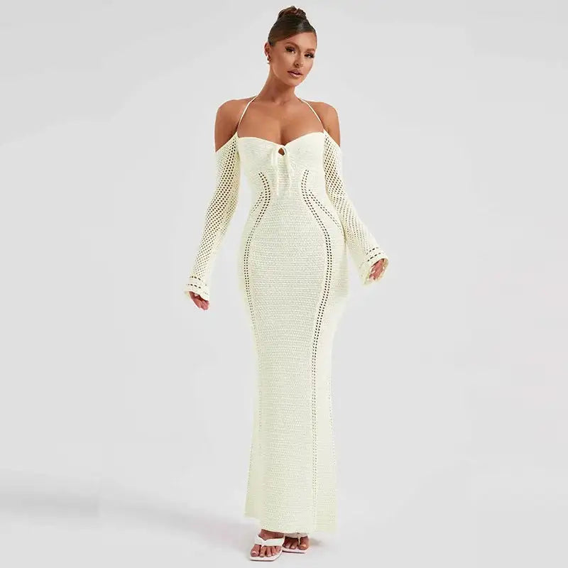 Off Shoulder Halter Crochet Maxi Dress