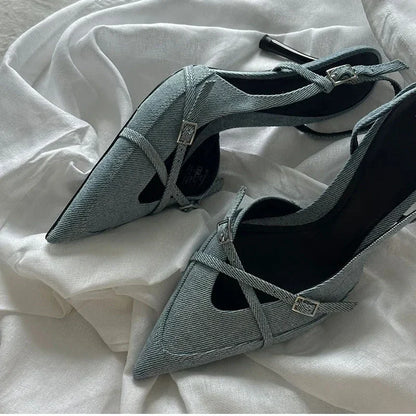 Luxury Denim Pointed Toe High Heel Sandals