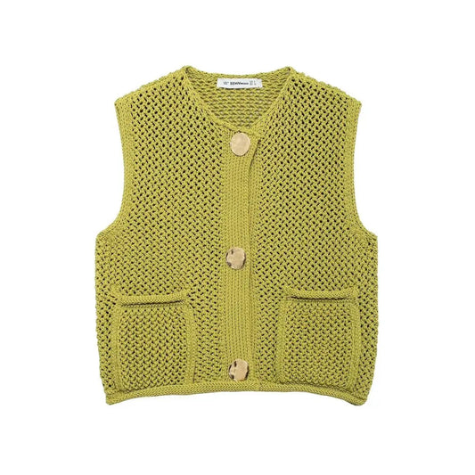 Trendy Fall Green Knitted Sleeveless Cardigan with Pockets