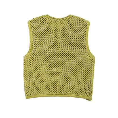 Trendy Fall Green Knitted Sleeveless Cardigan with Pockets