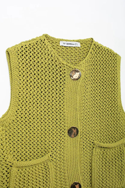 Trendy Fall Green Knitted Sleeveless Cardigan with Pockets