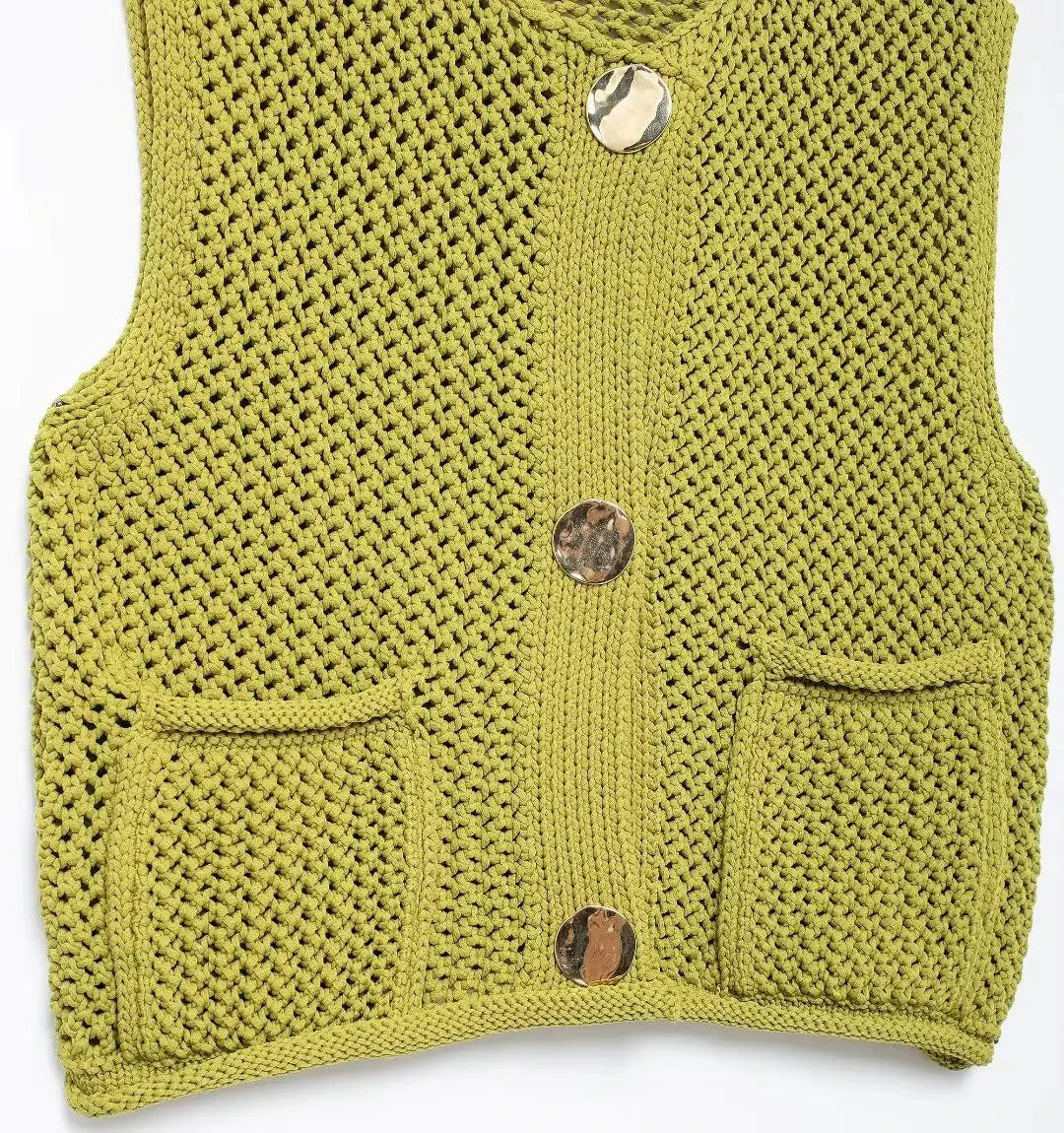 Trendy Fall Green Knitted Sleeveless Cardigan with Pockets