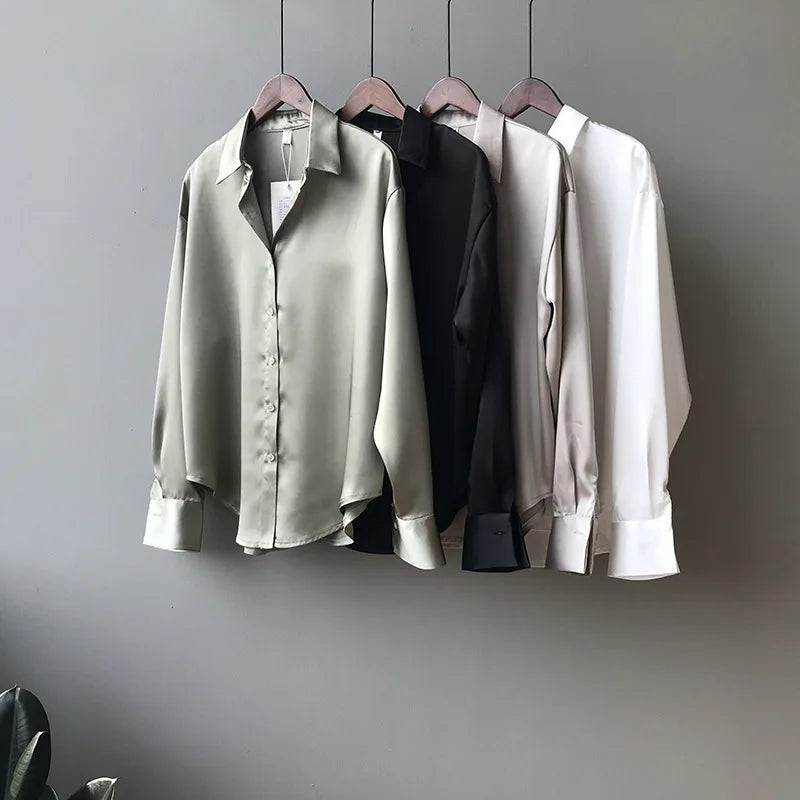 White Button Up Satin Silk Shirt