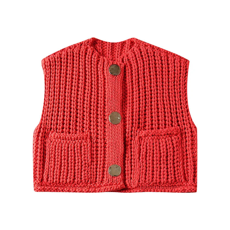 Trendy Fall Red Knitted Sleeveless Cardigan with Pockets (Copy)