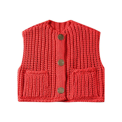 Trendy Fall Red Knitted Sleeveless Cardigan with Pockets (Copy)