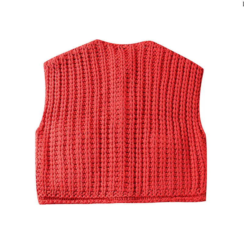 Trendy Fall Red Knitted Sleeveless Cardigan with Pockets (Copy)