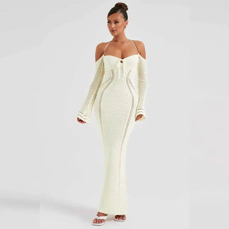 Off Shoulder Halter Crochet Maxi Dress