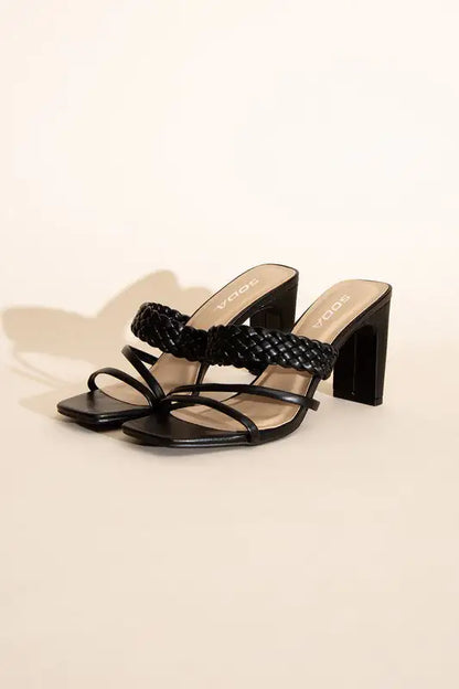 Black Slid On Sandal Heels Braided Strap