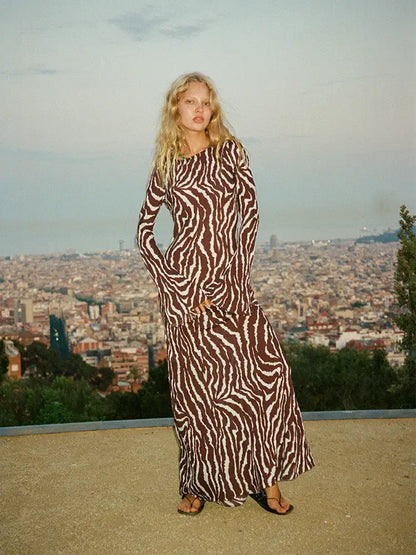 Zee~ Brown Zebra Print Long Sleeve Maxi Dress