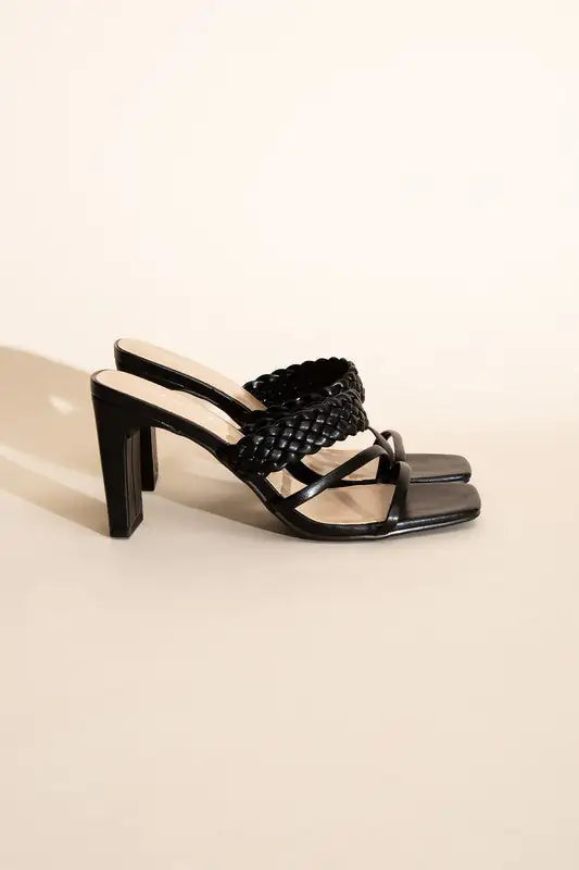 Black Slid On Sandal Heels Braided Strap