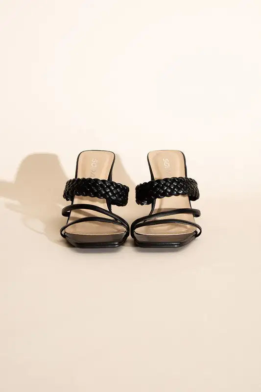 Black Slid On Sandal Heels Braided Strap