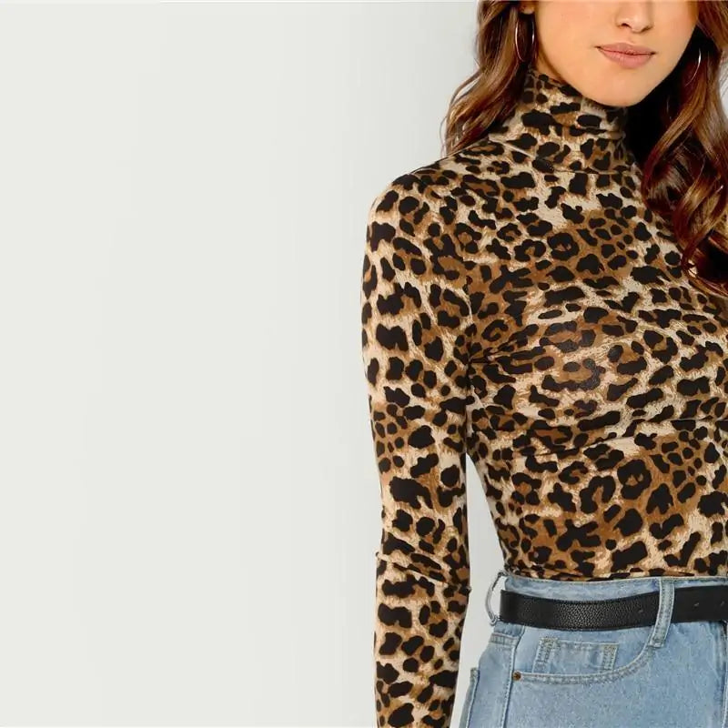 Leopard Print Turtleneck Top