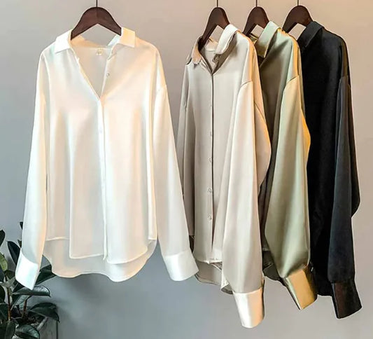 White Button Up Satin Silk Shirt